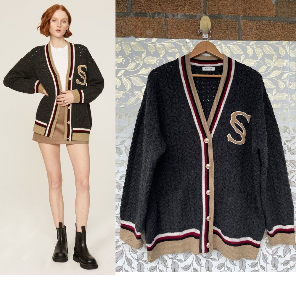 SANDRO Paris Wool Varsity Cardigan Oversized Dark Academia Preppy Sweater 4 XL